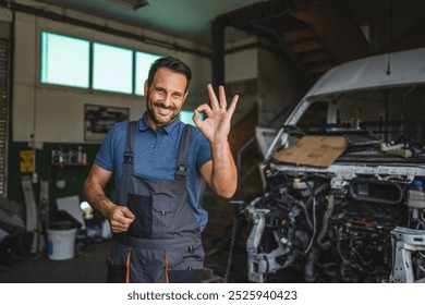 A cheerful car mechanic in a blue polo and overalls gives an okay sign while standing next to a car in a workshop, illustrating positive and professional service - Powered by Shutterstock