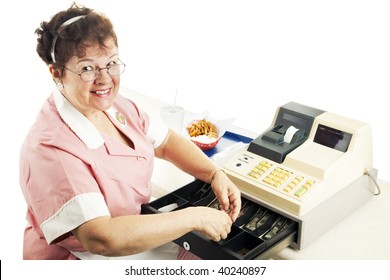 Cheerful Cashier In A Fast Food Restaurant, Making Change.  White Background.