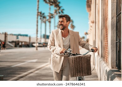 A cheerful Caucasian businessman in smart casual attire rides a bicycle down a sunlit city street, illustrating a commitment to eco-friendly transportation. - Powered by Shutterstock