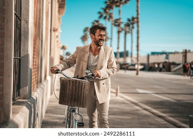 A cheerful Caucasian businessman in smart casual attire rides a bicycle down a sunlit city street, illustrating a commitment to eco-friendly transportation. - Powered by Shutterstock