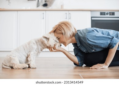 Cheerful caucasian woman leaning forward with her legs underneath body to cute dog's nose on kitchen background. Joyful young adult in denim shirt having fun with furry friend while training indoors. - Powered by Shutterstock