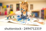 Cheerful Child Creating Art with Finger Paints - Little Girl Enjoying a Finger Painting Session