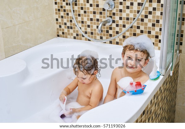 Cheerful Children Playing Bathroom Brother Sister Stock Photo 571193026 ...