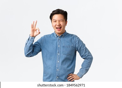 Cheerful Confindent Asian Man Have All Under Control, Wink Encouraging And Show Okay Gesture, Approve Plan, Congratulating Person, Saying Well Done, Rate Excellent Job, Standing White Background