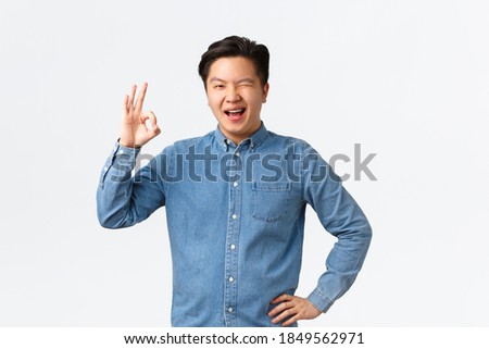 Cheerful confindent asian man have all under control, wink encouraging and show okay gesture, approve plan, congratulating person, saying well done, rate excellent job, standing white background