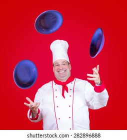 Cheerful Cook Juggle With Ceramic Plate