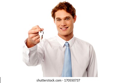 Cheerful Corporate Man Holding Key