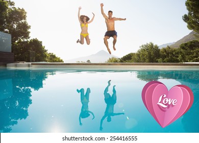 Cheerful Couple Jumping Into Swimming Pool Against Love Heart