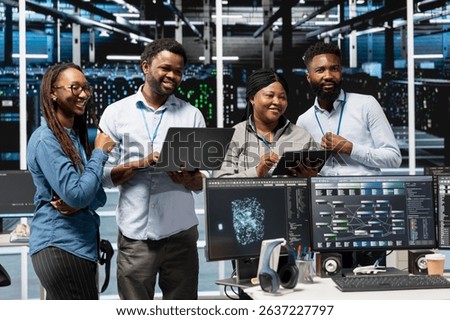 Cheerful data center experts working together, using deep learning algorithms and node trees to analyze datasets. Jolly server farm teamworking colleagues using AI to recognize facility data patterns