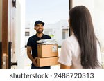 Cheerful delivery person provides exceptional service and efficient courier logistics by delivering packages to a customer