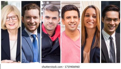 Cheerful diverse Caucasian and Asian people portrait set. Smiling men and women of different races and ages multiple shot collage. Positive human emotions concept