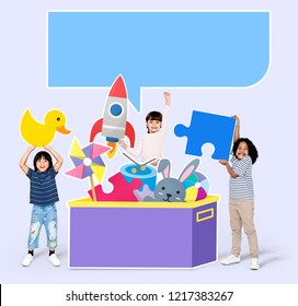 Cheerful diverse kids playing with toys