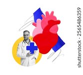 Cheerful doctor holding blue cross symbol next to abstract heart, emphasizing heart care and professional medical service. Contemporary art collage. Concept of medicine, treatment, heart health