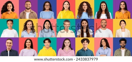 A cheerful and dynamic assemblage of people with glowing smiles, donning a range of colorful attire from casual to smart, set against a vivid multicolored background, panorama