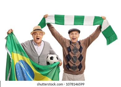 Cheerful elderly soccer fans with a Brazilian flag and a scarf isolated on white background
