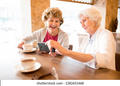 Cheerful Excited Old Ladies Sitting At Table With Coffee Cups And Laughing While Watching Video On Smartphone