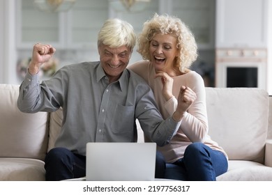 Cheerful excited senior married couple looking at laptop display, making winner yes hands, laughing, screaming for joy, celebrating good news, success, achieve, winning prize, money, getting income - Powered by Shutterstock