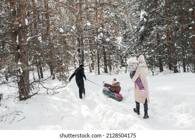 Cheerful Family On A Weekend Rides A Sleigh In A Snowy Forest. High Quality Photo