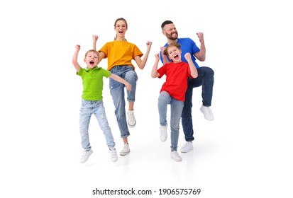 Cheerful Family: Parents And Kids With Clenched Fists Celebrating Victory On White Background In Studio