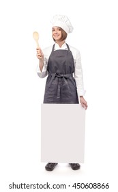 cheerful female chef, cook or baker holding blank board with empty copy space for you text isolated on white background. advertisement banner. your text here