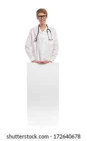 Cheerful Female Doctor Stands Behind Bar Chart. Full Length Studio Shot Isolated On White.