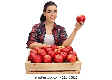 Cheerful Female Farmer Holding An Apple Behind A Crate Full Of Apples Isolated On White Background