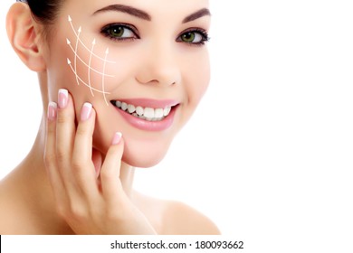 Cheerful Female With Fresh Clear Skin, White Background 