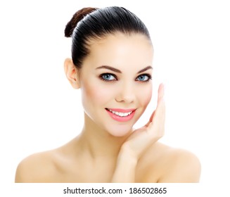 Cheerful Female With Fresh Clear Skin, White Background 