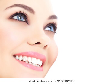 Cheerful Female With Fresh Clear Skin, White Background. 