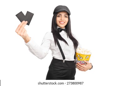 Cheerful Female Movie Director Holding A Box Of Popcorn And Two Tickets Isolated On White Background