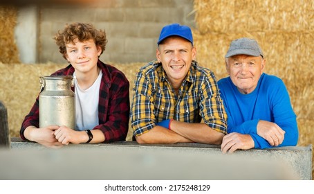 Cheerful Friendly Dairy Farm Workers Of Different Ages Resting On Haystack During Break From Work..