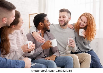 Cheerful Friends Drinking Coffee And Enjoying Their Company, Meeting At Home