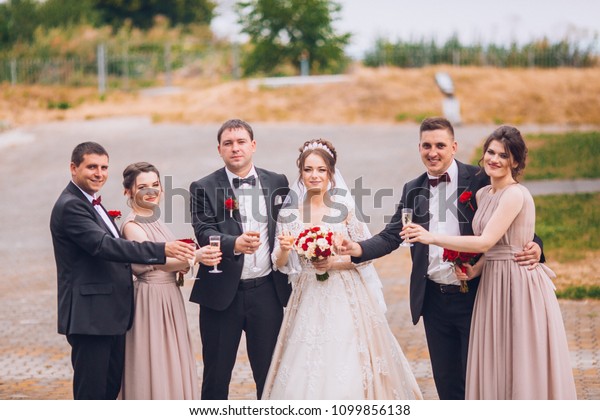 Cheerful Fun Groom Bride Bridesmaids Groomsmen Stock Photo Edit