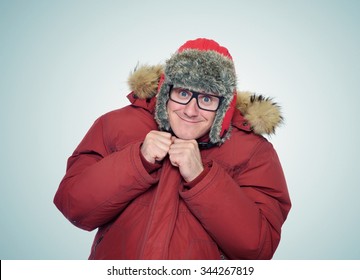 Cheerful Funny Man In Glasses And Winter Clothes