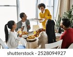 A cheerful gathering of friends enjoying a Thanksgiving meal with laughter and delightful dishes.