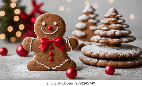 A cheerful gingerbread man cookie stands on a stack of decorated cookies with white icing and red candy dots. Evergreen and red ribbon add festive warmth to the holiday scene - Powered by Shutterstock