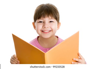 Cheerful Girl  With Book One White Background