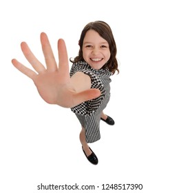 Cheerful Girl Is Giving High Five. Great Mood And Success Of A Little Kid. Gestures And Emotions.