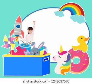 Cheerful girl playing with toy icons