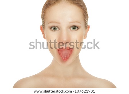 cheerful girl shows tongue isolated on white background