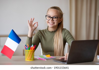 Cheerful girl teenager with flag of France showing okay gesture, using laptop, having educational online course, studying french on Internet, home interior. French classes online concept - Powered by Shutterstock