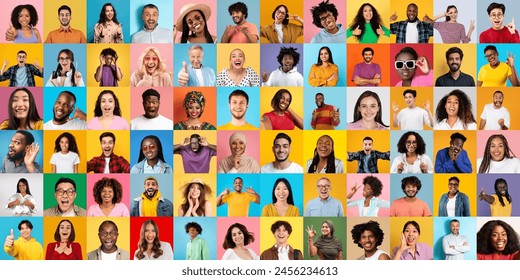 A cheerful grid of diverse individuals all radiating happiness with their bright smiles against unique colorful backgrounds - Powered by Shutterstock