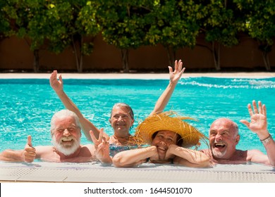 Cheerful group of four elderly people having fun in the outdoor swimming pool. They smile relaxed on vacation under the bright sun