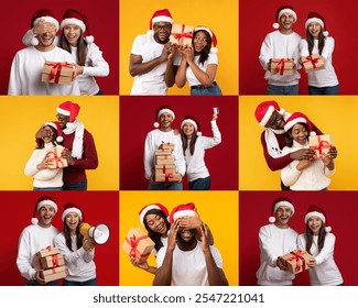 A cheerful group of friends enjoys the holiday season, exchanging gifts and sharing smiles. They are dressed in festive attire, creating a joyful atmosphere. - Powered by Shutterstock