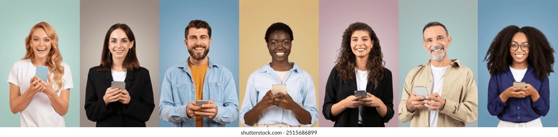 A cheerful group of seven diverse individuals is engaged with their smartphones, smiling confidently against a colorful backdrop. They showcase unity and connection in a modern environment. - Powered by Shutterstock