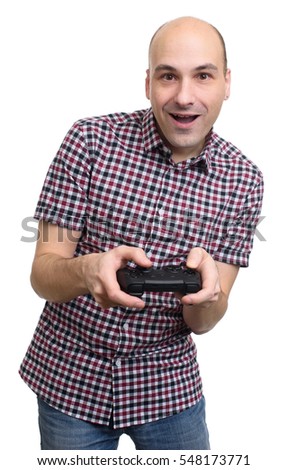 cheerful guy playing video game with gamepad. Isolated on white background