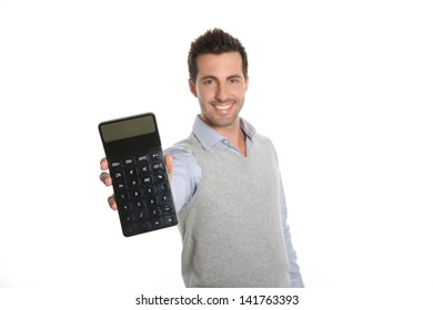 Cheerful guy showing good figures on calculator