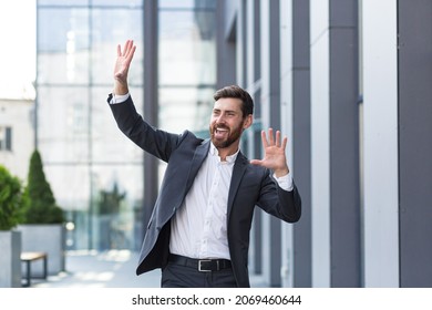 Cheerful Happy Business Man Dancing Walk The City Street Background A Modern Office Building Outside, Outdoors Funny Successful Businessman In Suit Celebtes Victory