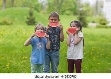 Cheerful Happy Kids Eating Watermelon On A Summer Day In The Garden