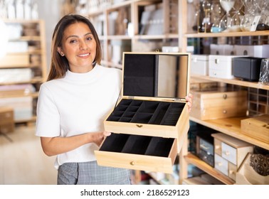 Cheerful Hispanic Female Housewife Buying Storage Containers For Jewelry In Home Decor Shop